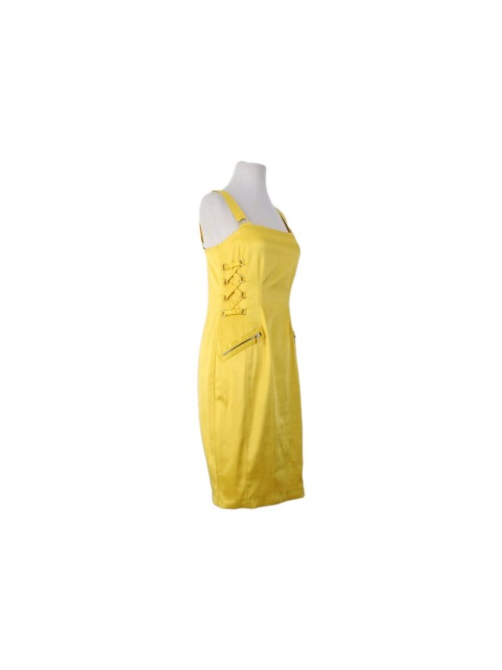 Cache Dress Sz 4 Yellow Faux Pockets Lace Up Side Poly Cotton Spandex Dress - Picture 3 of 10